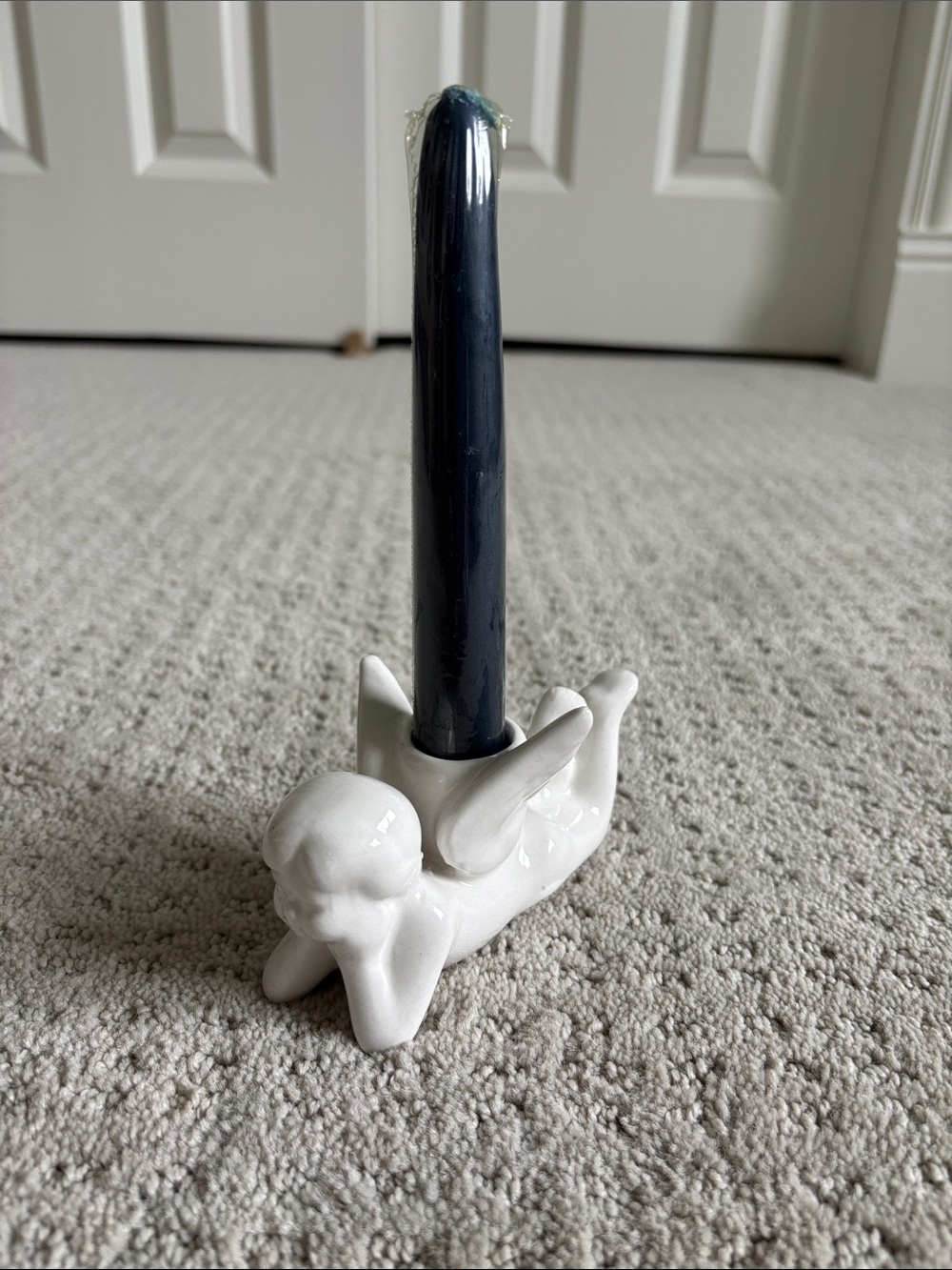 White Ceramic Angel Candle Holder with Dark Blue Candle